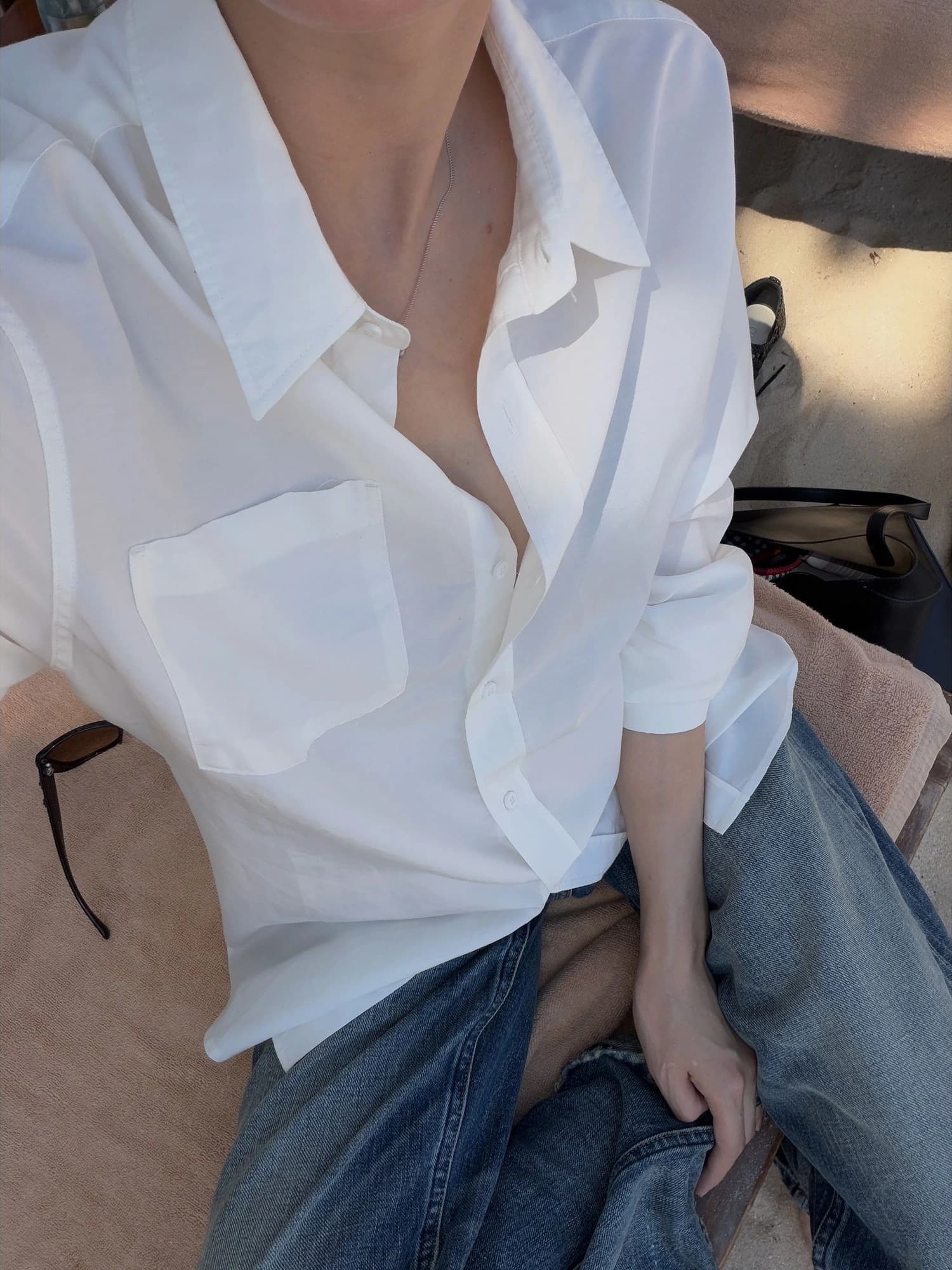 Minimalist White Cotton-Silk Blend Long-Sleeve Shirt view 3