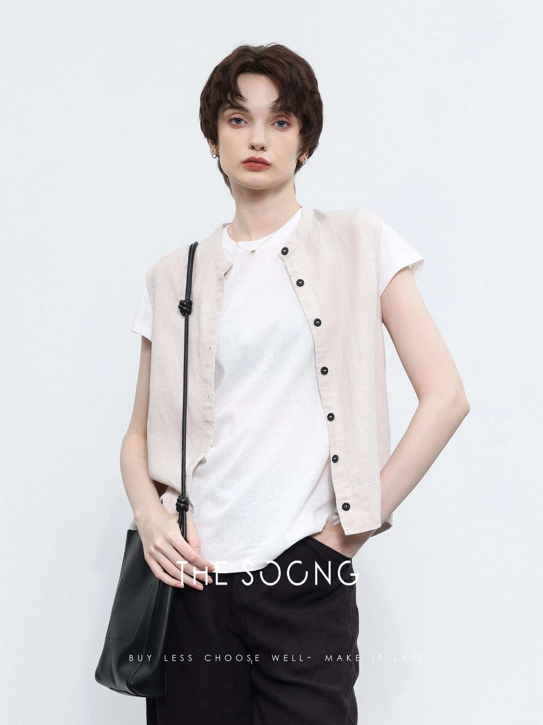 Sand-Washed Lightweight Hemp Sleeveless Vest view 3