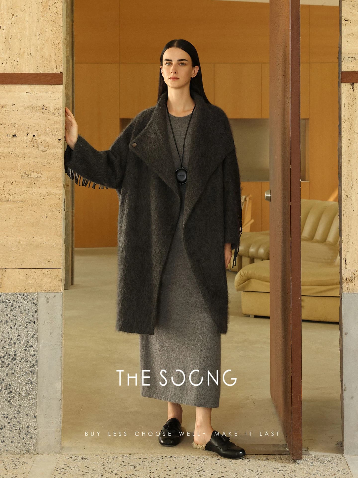 Wool Three Quarter Sleeve Relaxed Midi T Shirt Dress 7510 view 7