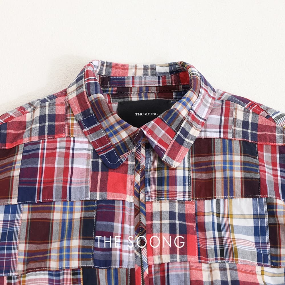 THESOONG/"Vintage Patchwork" American-Style Plaid Padded Harrington Jacket-9337 view 3
