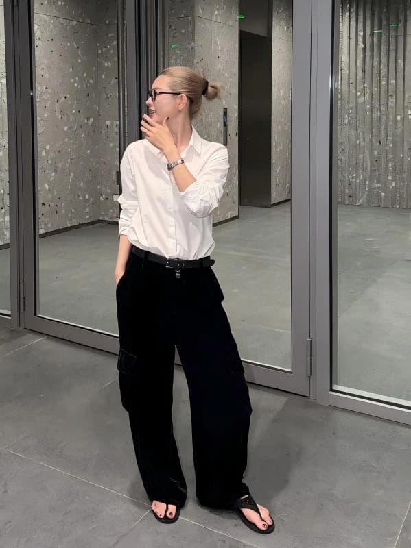 100% Silk Glossy Black Cargo Wide-Leg Pants view 3
