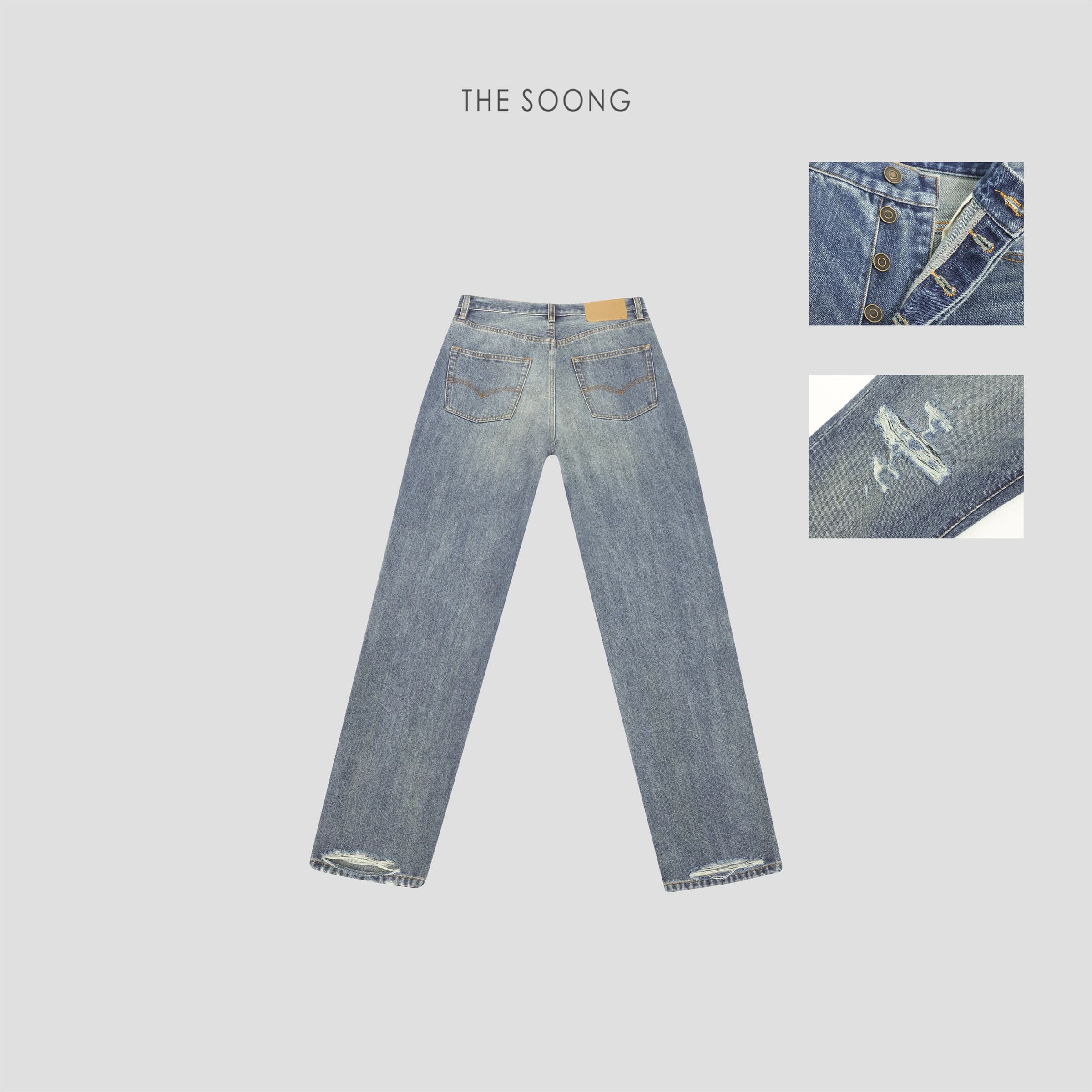 Distressed Denim | Classic-Wash Hand-Ripped Straight Bootcut Jeans view 3