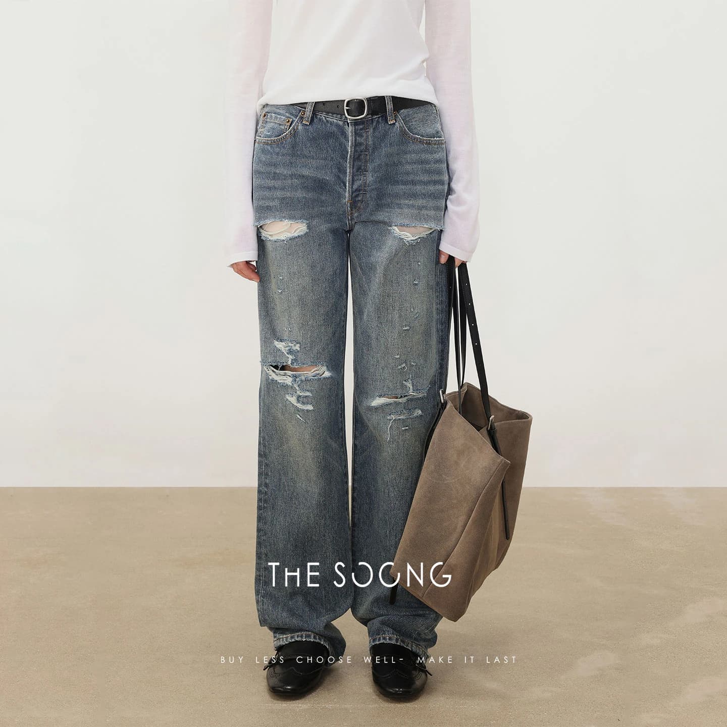 Distressed Denim | Classic-Wash Hand-Ripped Straight Bootcut Jeans view 2
