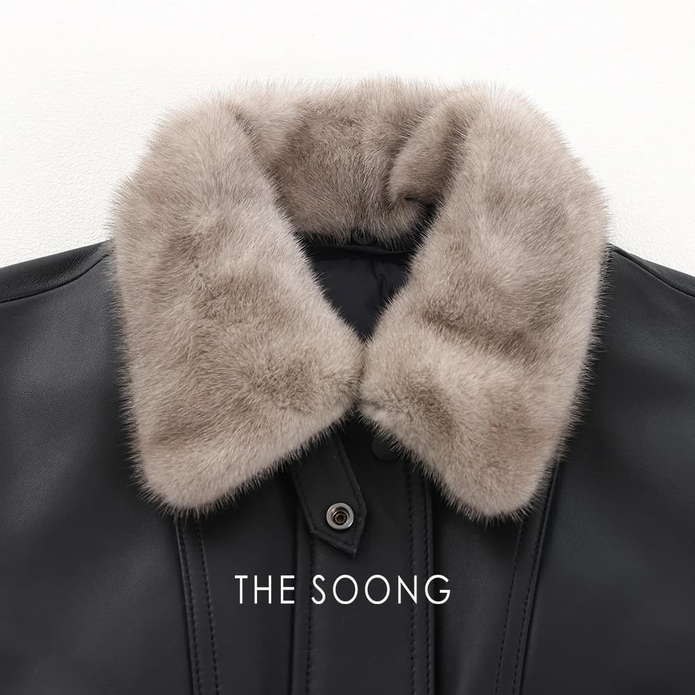 British-Imported Sheepskin Leather Coat with White Goose Down and Fur Collar view 4