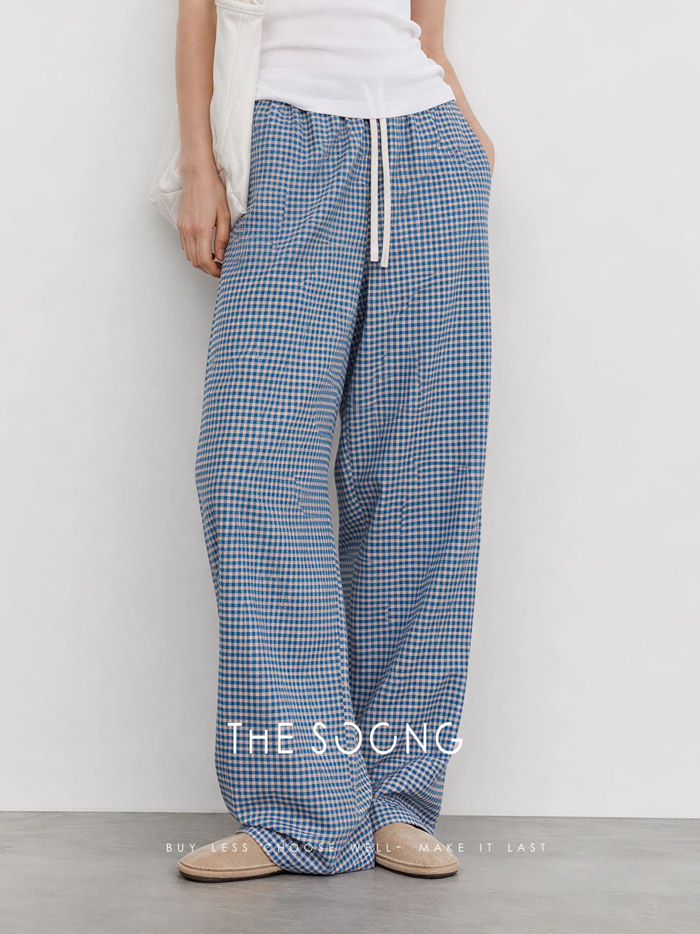 Blue & White Checked Wide-Leg Pants view 2