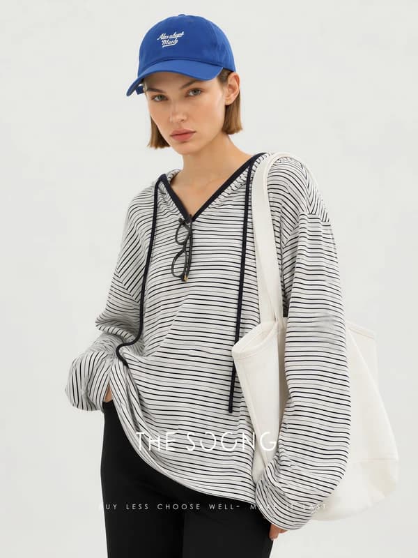 Soft-Washed Cotton-Blend Striped Hooded Top view 3