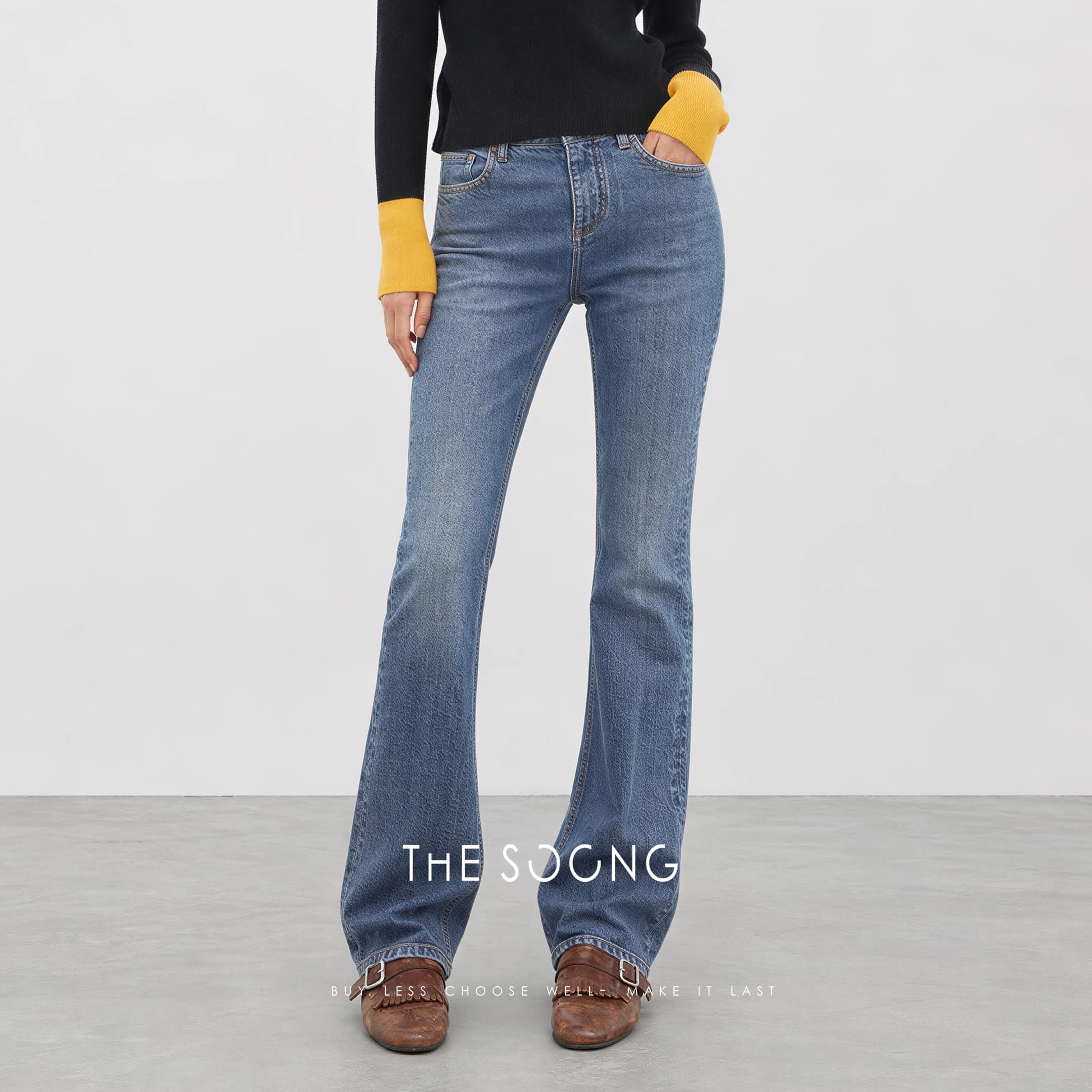 Black Long Straight Bootcut Jeans in 12.6oz Soft-Washed Mid-Rise Stretch Denim view 2