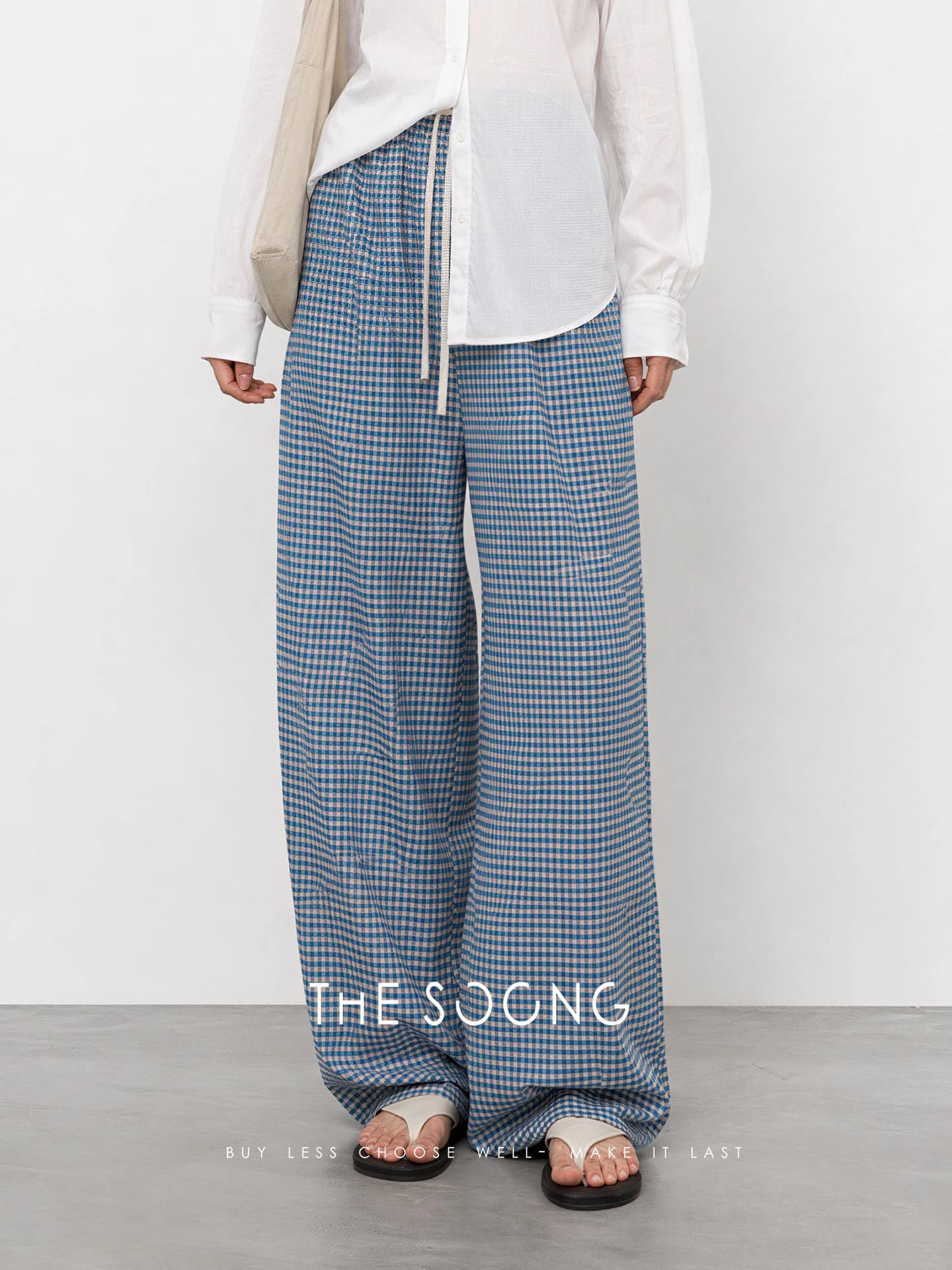 Blue & White Checked Wide-Leg Pants view 3