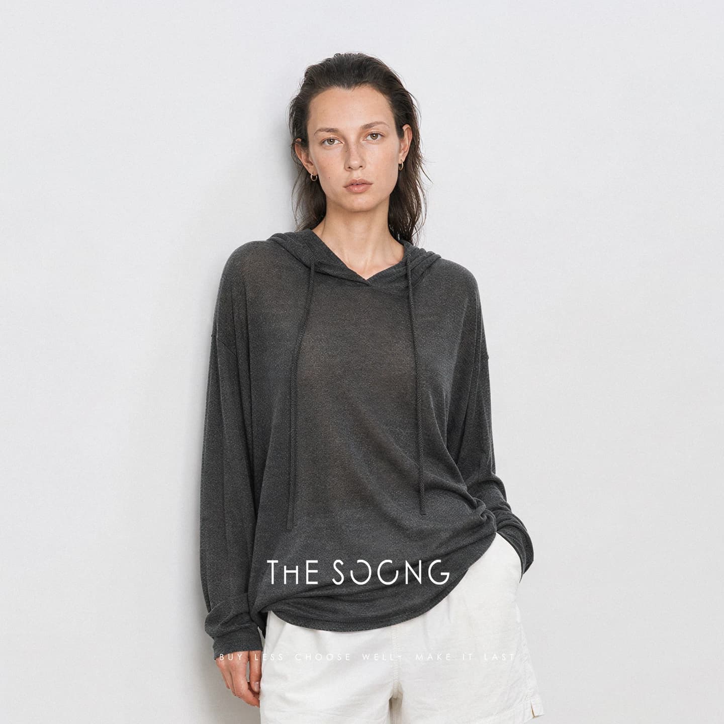 Relaxed Commute Sheer Textured Drawstring Hooded Knit view 3
