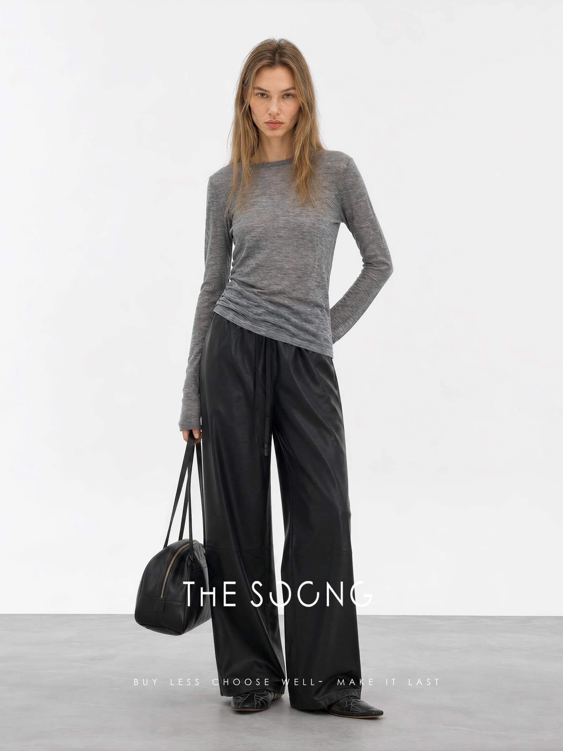 100% Lambskin Textured Drawstring Leather Pants view 5