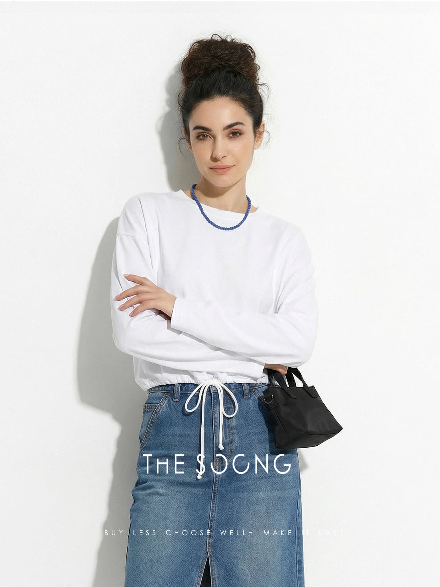Sculptural High-Density Cotton Drawstring Long-Sleeve Top view 3