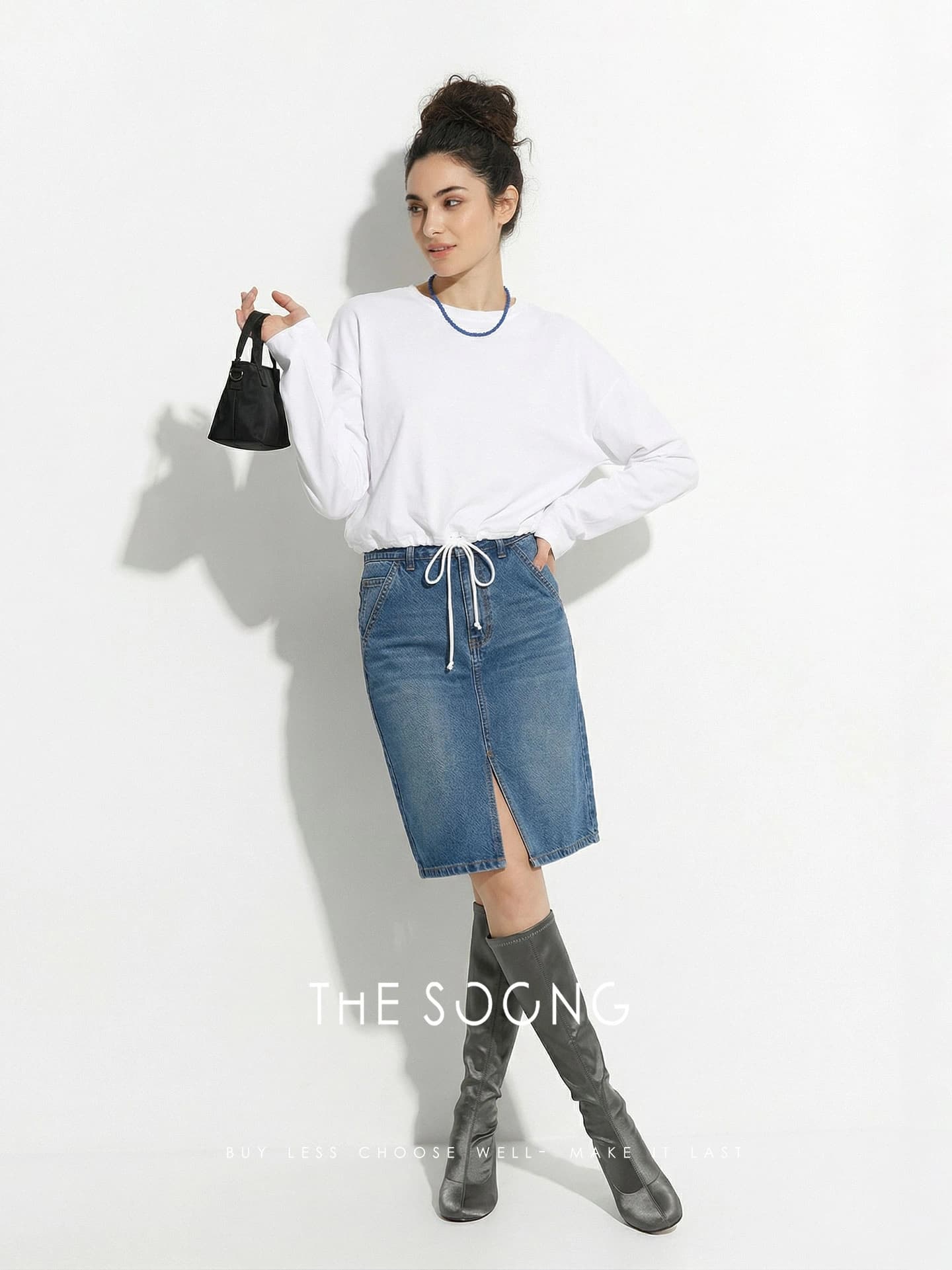 Sculptural High-Density Cotton Drawstring Long-Sleeve Top view 5