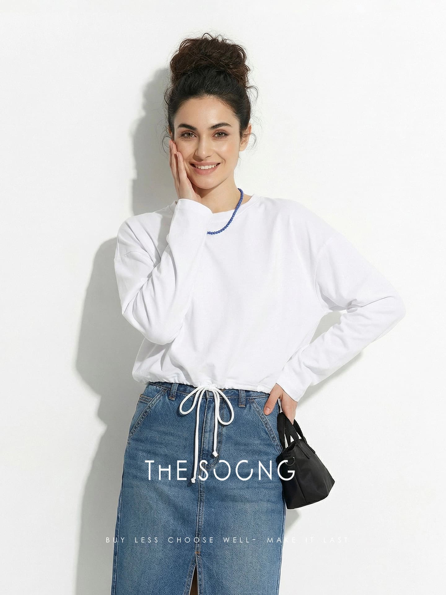 Sculptural High-Density Cotton Drawstring Long-Sleeve Top view 4