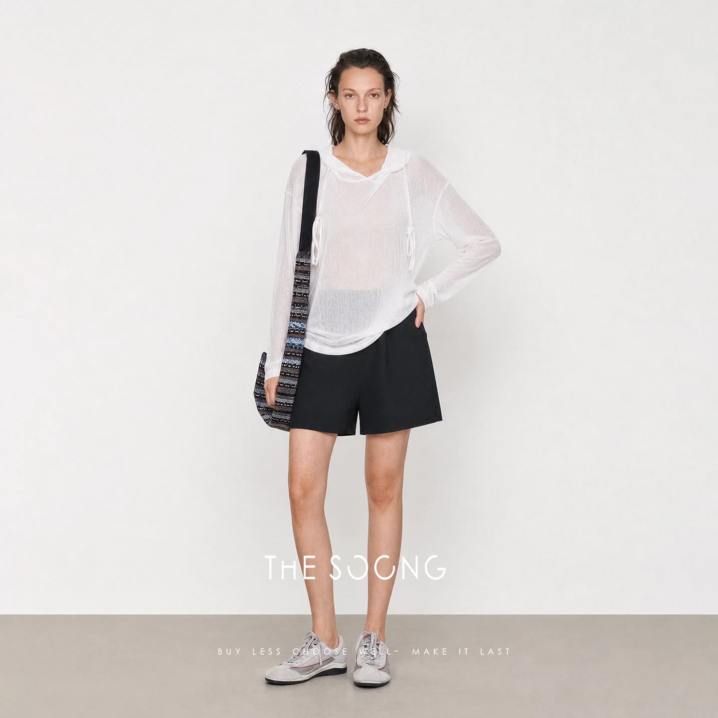 Relaxed Commute Sheer Textured Drawstring Hooded Knit view 4