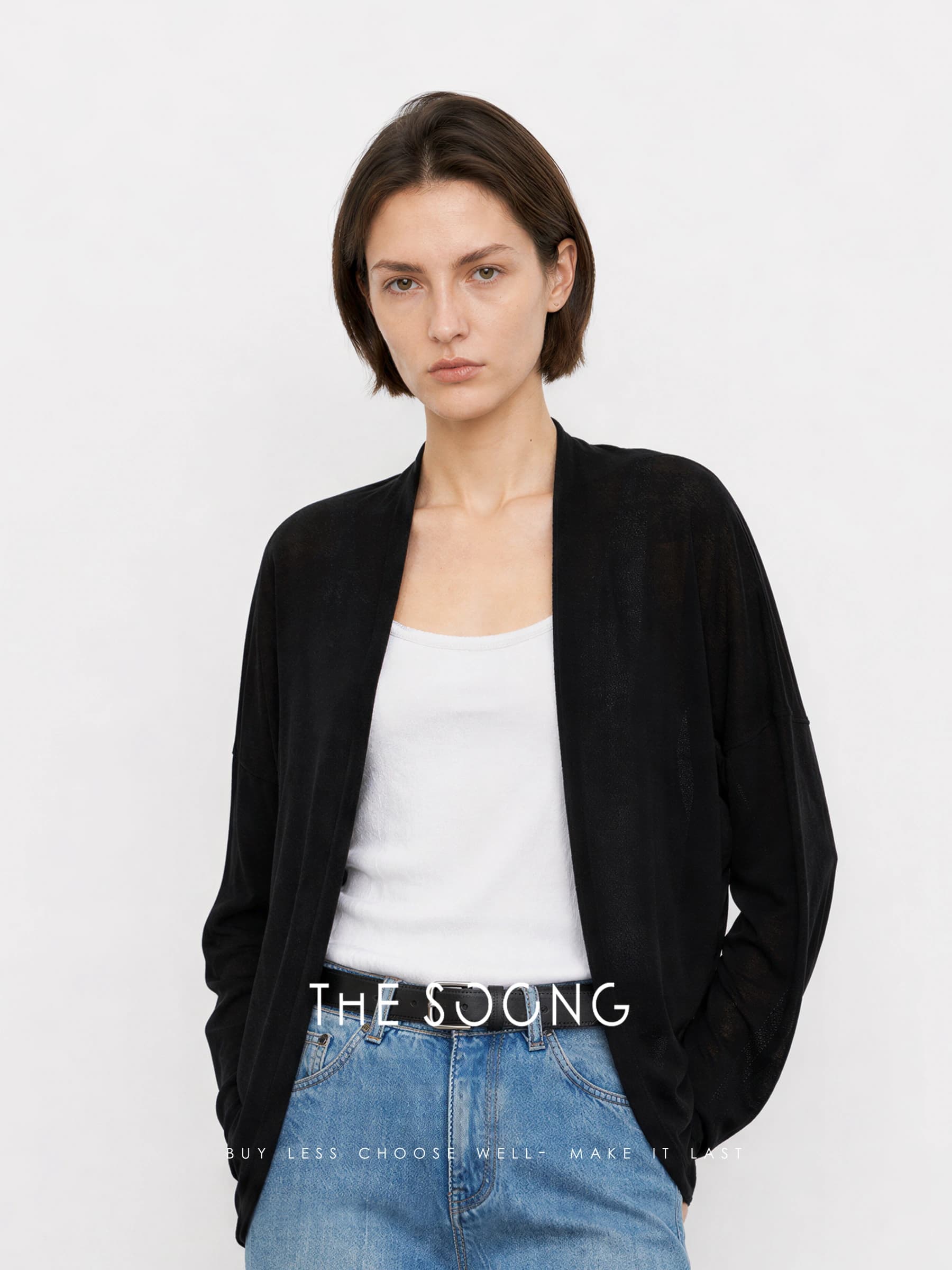 Relaxed Draped Collarless Textured Knit Cardigan view 5
