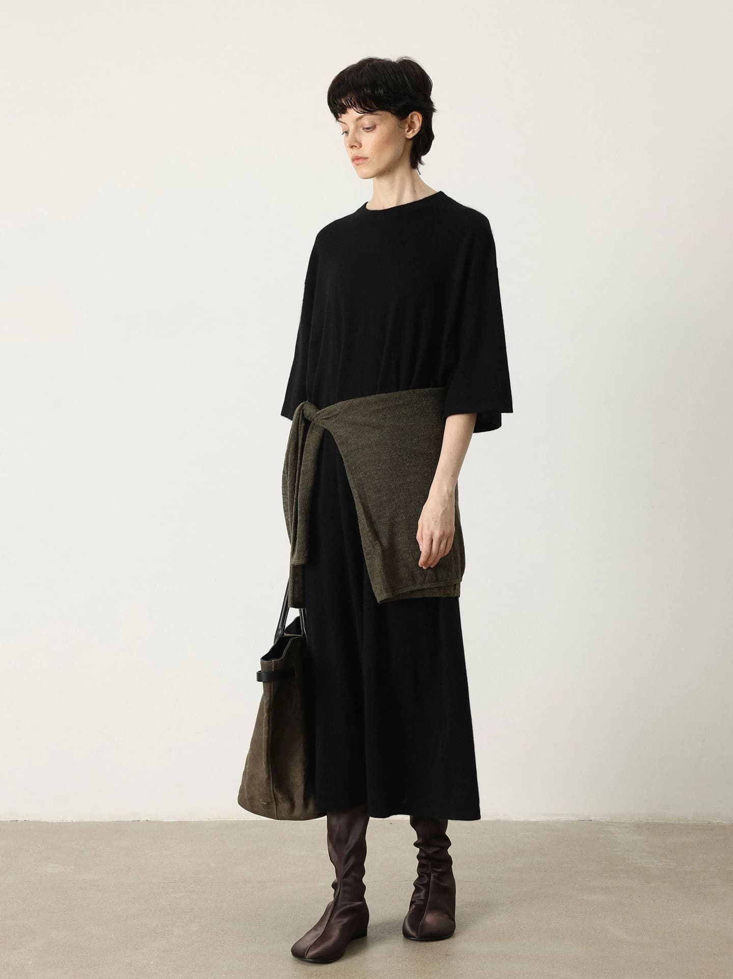 Wool Three Quarter Sleeve Relaxed Midi T Shirt Dress 7510 view 4