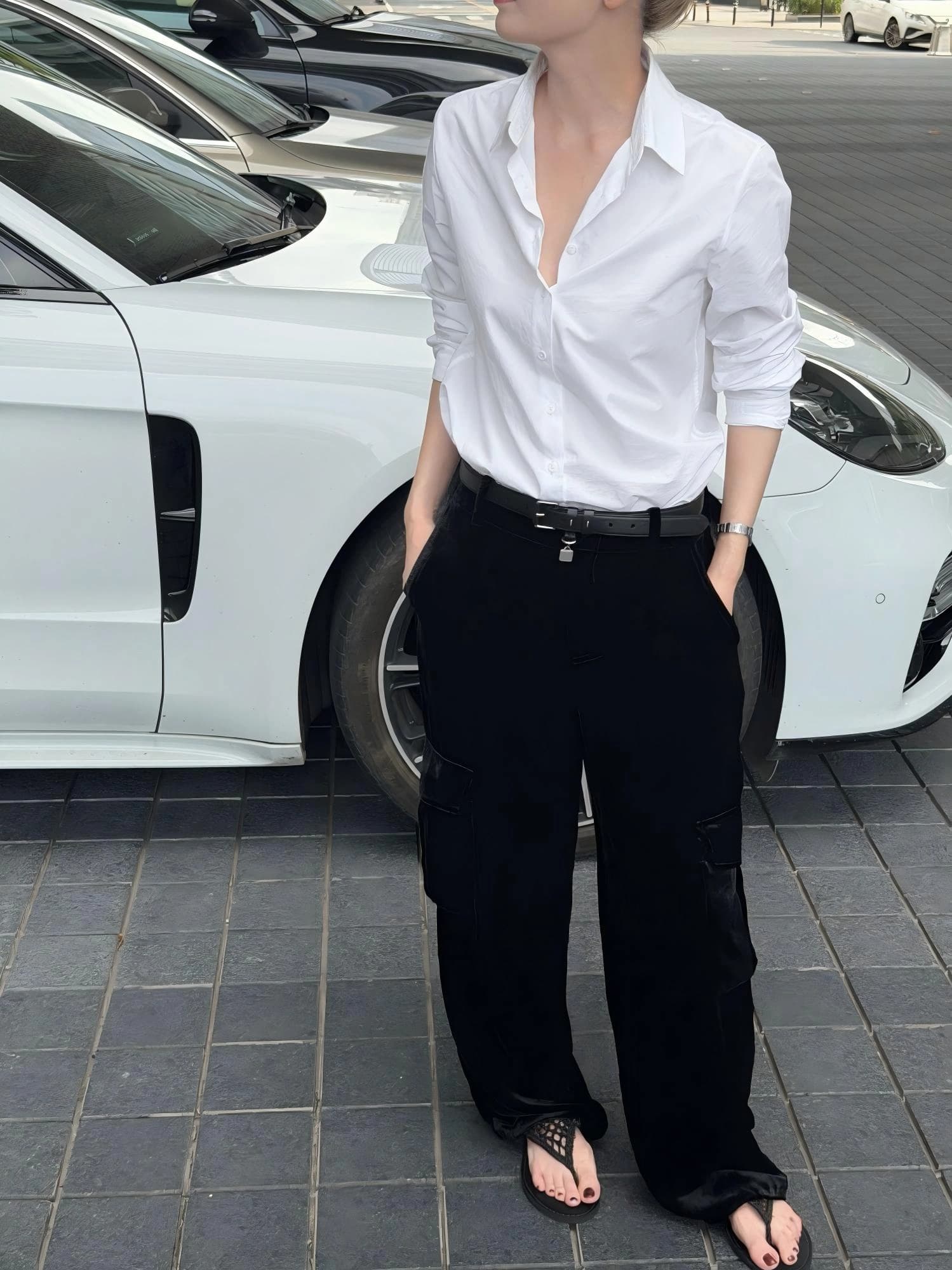 100% Silk Glossy Black Cargo Wide-Leg Pants view 2