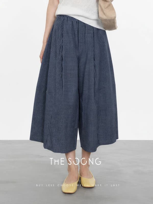 Classic 100% Cotton Tailored Check Wide-Leg Pants view 3