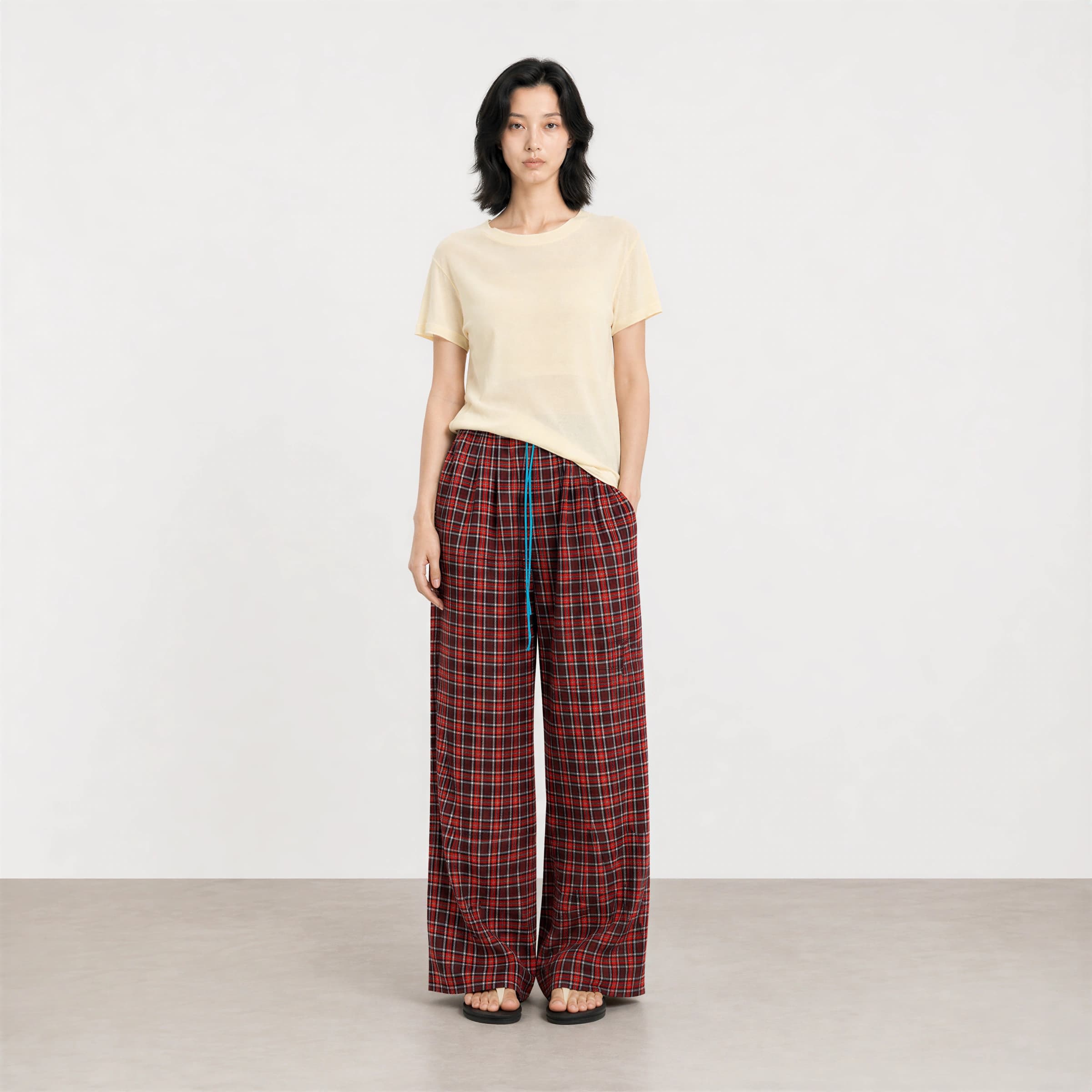 Lazy Holiday 100% Cotton Vintage Plaid Elastic-Waist Trousers view 2