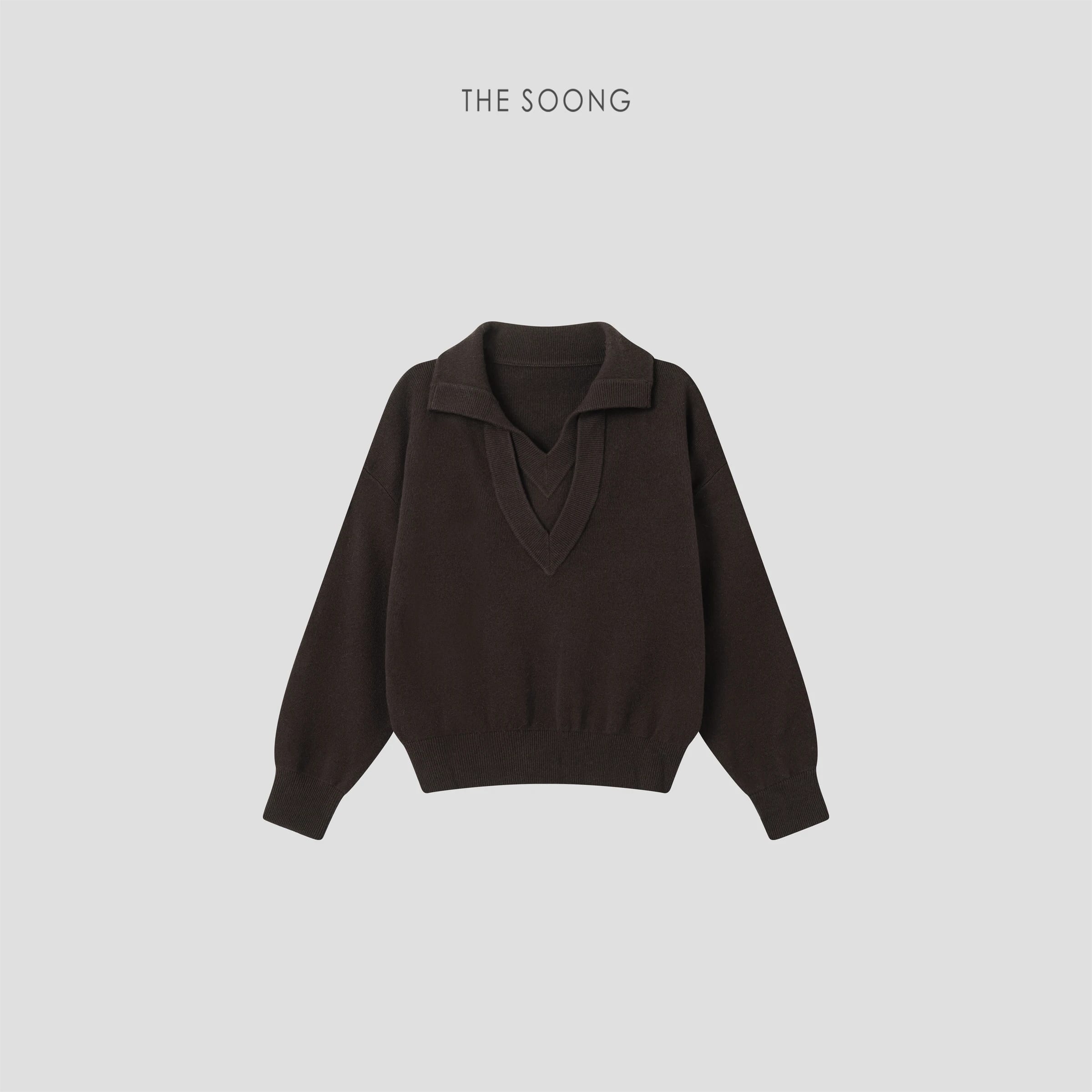 Mocha Brown New Deep Coffee-Tone Vintage Double-Layer Collar V-Neck Relaxed Knit Sweater for Women