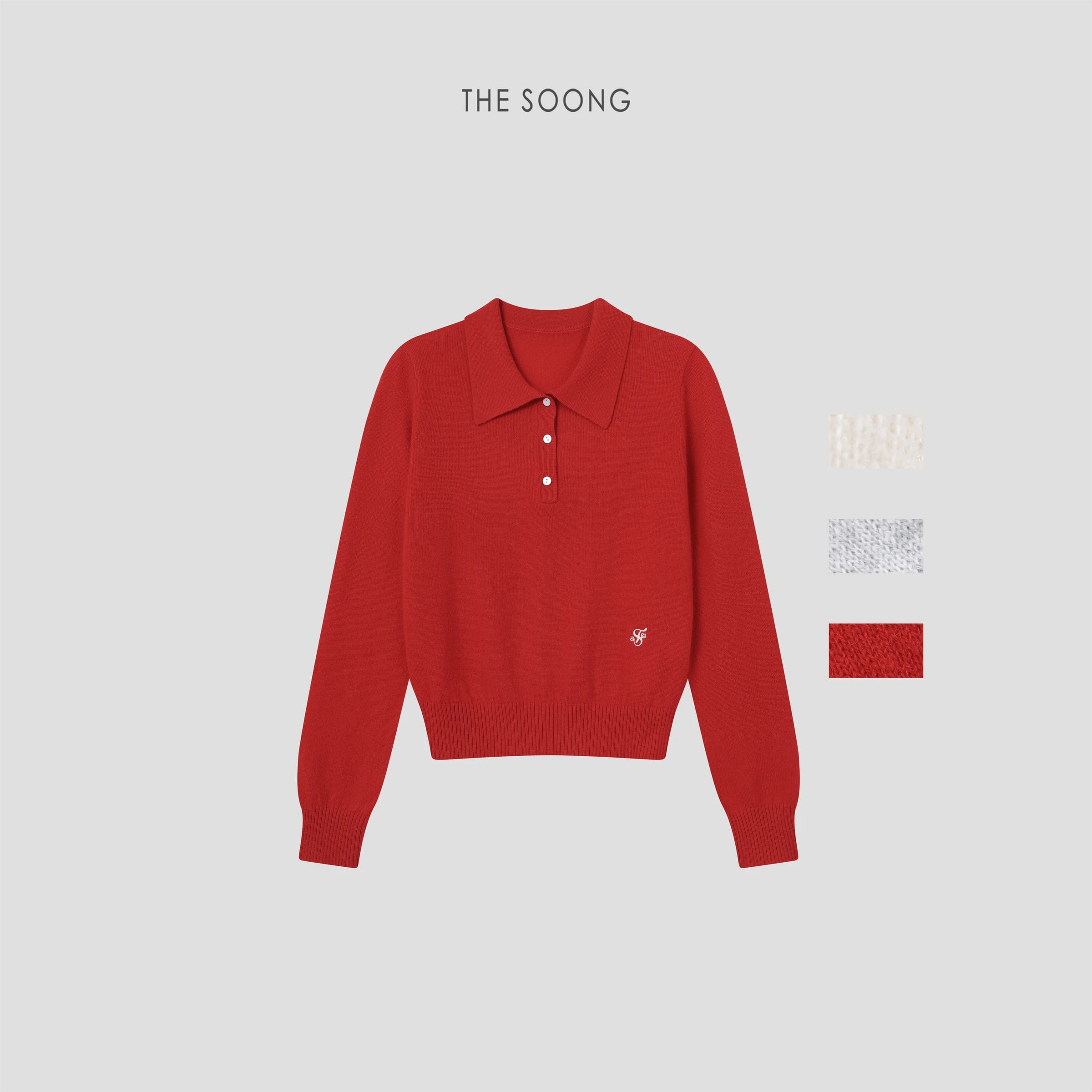 The product title is: **Classic Tricolor 100% Cashmere Polo Sweater**.