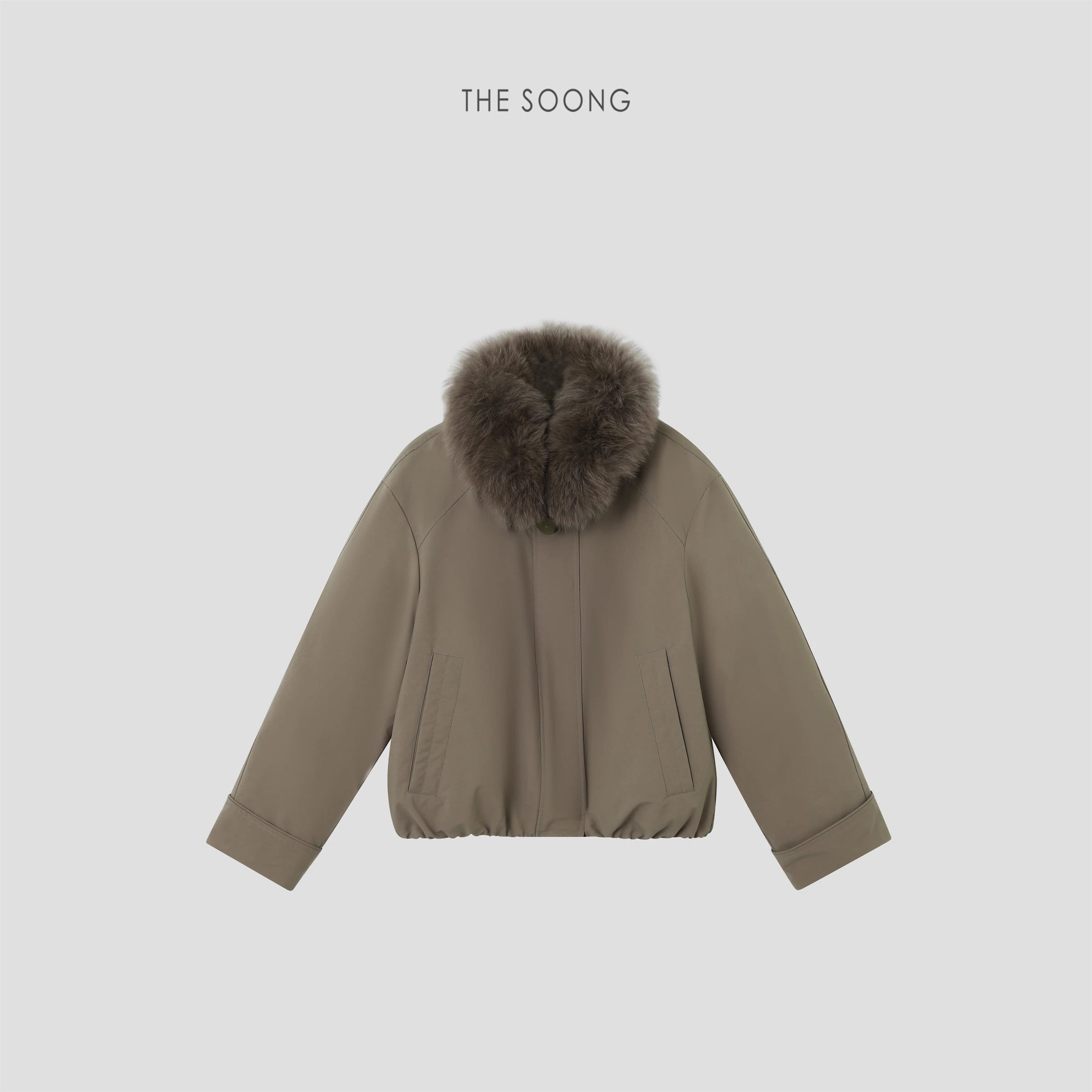 Gray-Green Parka 95% Goose Down Lightweight Jacket with Detachable Fox Fur Collar