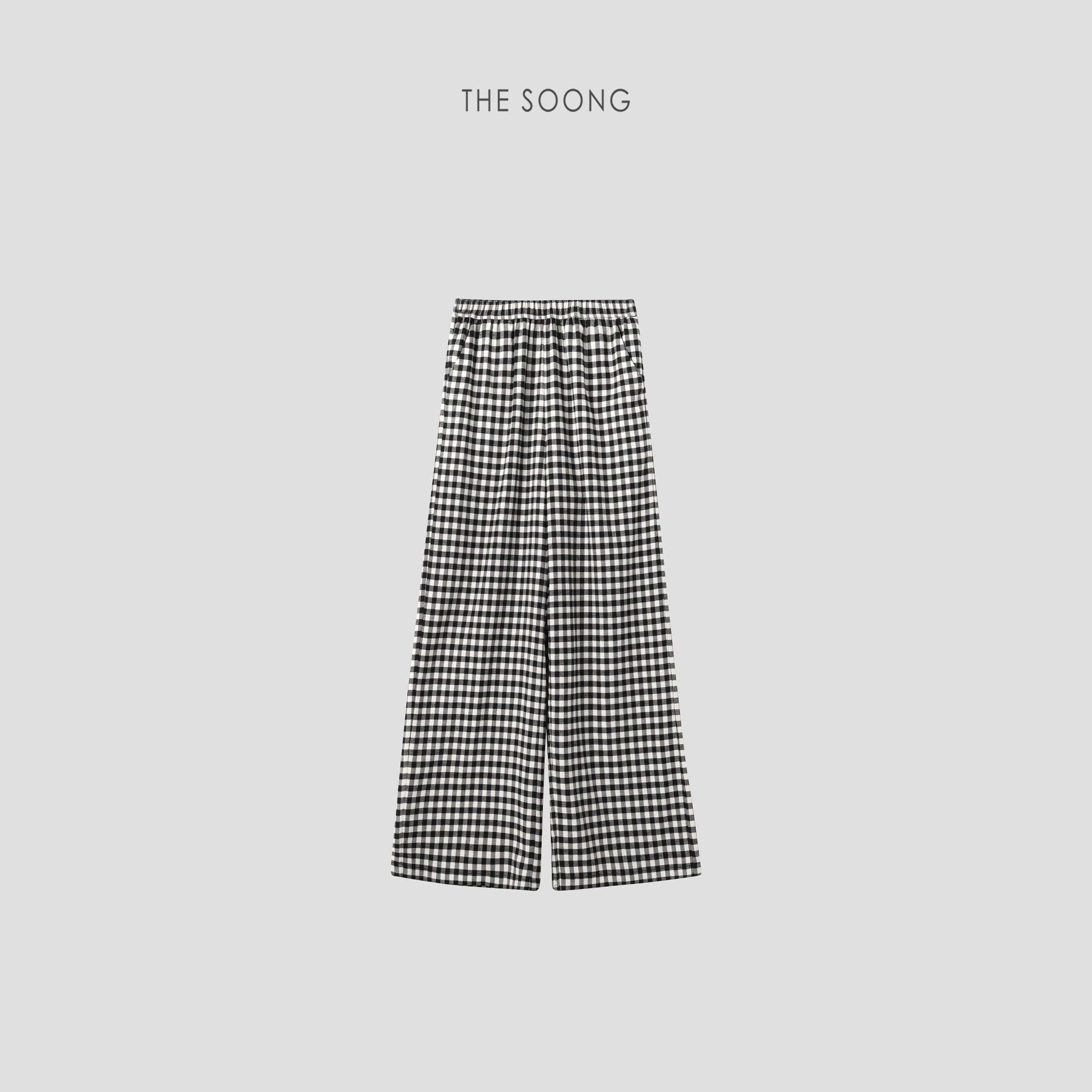 Plaid Trousers Classic Black-and-White Check Contrast Elastic Mid-Rise Casual Pants