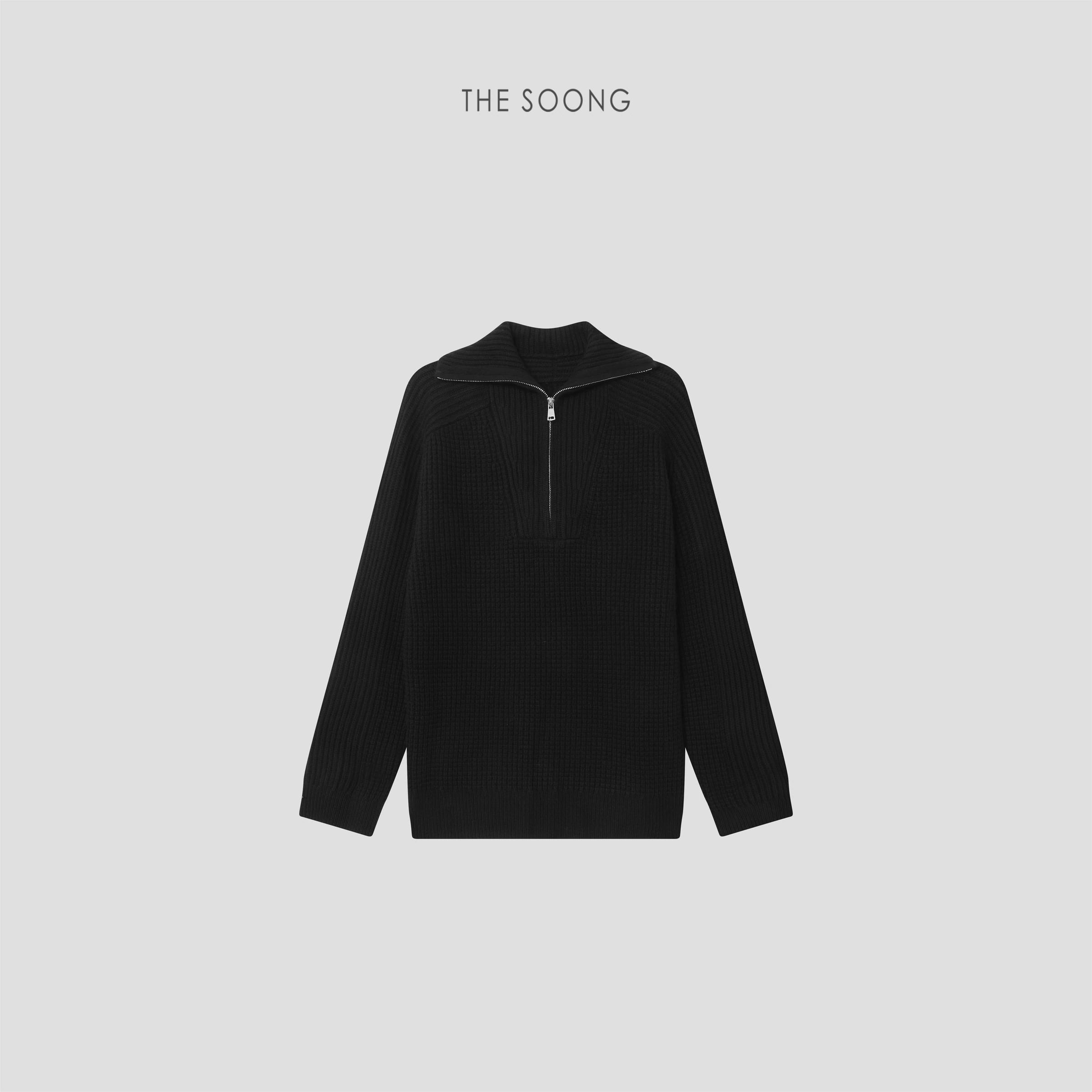 Autumn/Winter Black Textured Warm Knit Sweater with Half-Zip Mock Neck