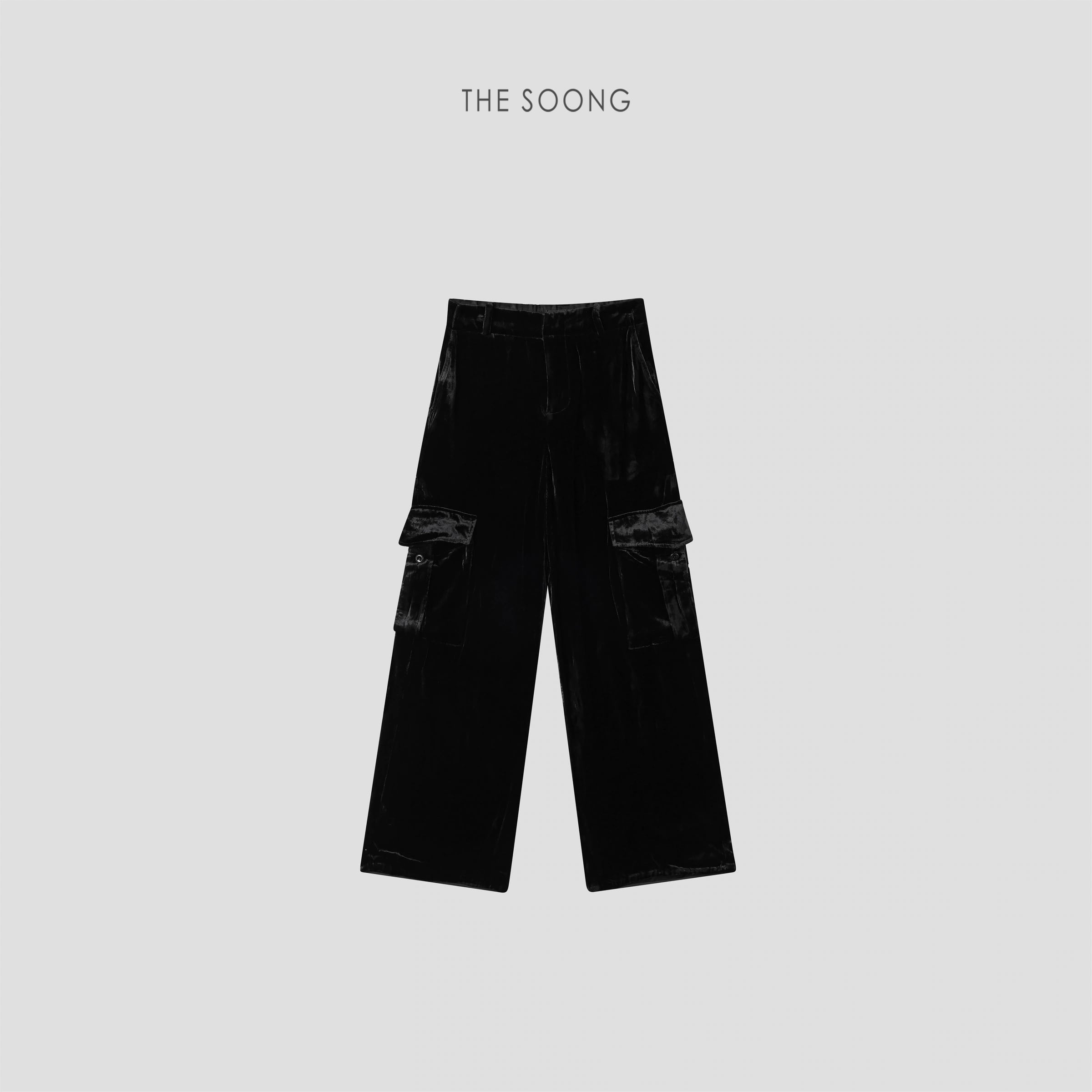 100% Silk Glossy Black Cargo Wide-Leg Pants
