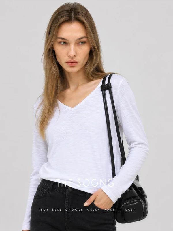 THESOONG “Snow Fleece” Soft Brushed Cotton V-Neck Long-Sleeve Top - 9047 view 5