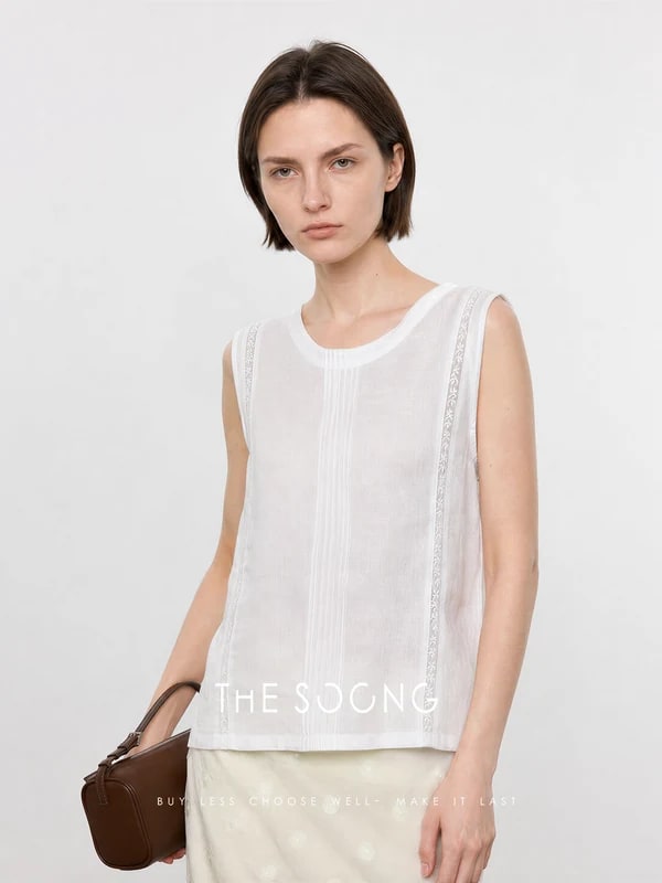 THESOONG Linen Sleeveless Vest Summer Crewneck Relaxed Top -9385 view 5