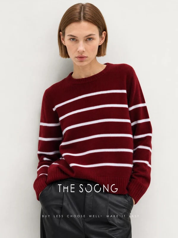 THESOONG 100% Cashmere Soft Striped Crewneck Sweater - 8982 view 5