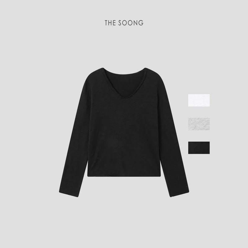 THESOONG “Snow Fleece” Soft Brushed Cotton V-Neck Long-Sleeve Top - 9047