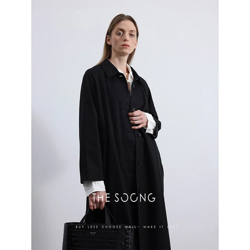 THESOONG “Airport Trench” Soft-Washed Black Twill Coat -3222 view 3