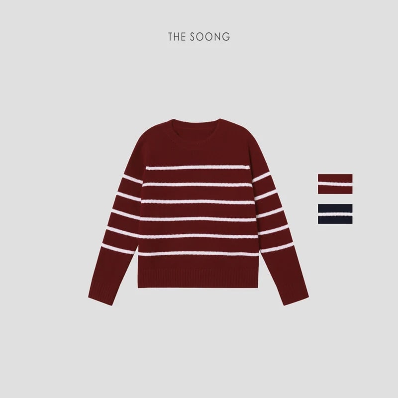 THESOONG 100% Cashmere Soft Striped Crewneck Sweater - 8982 view 1