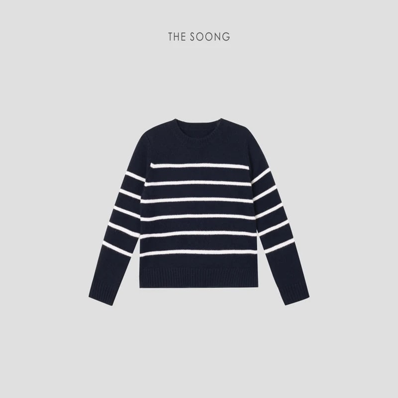 THESOONG 100% Cashmere Soft Striped Crewneck Sweater - 8982 view 7