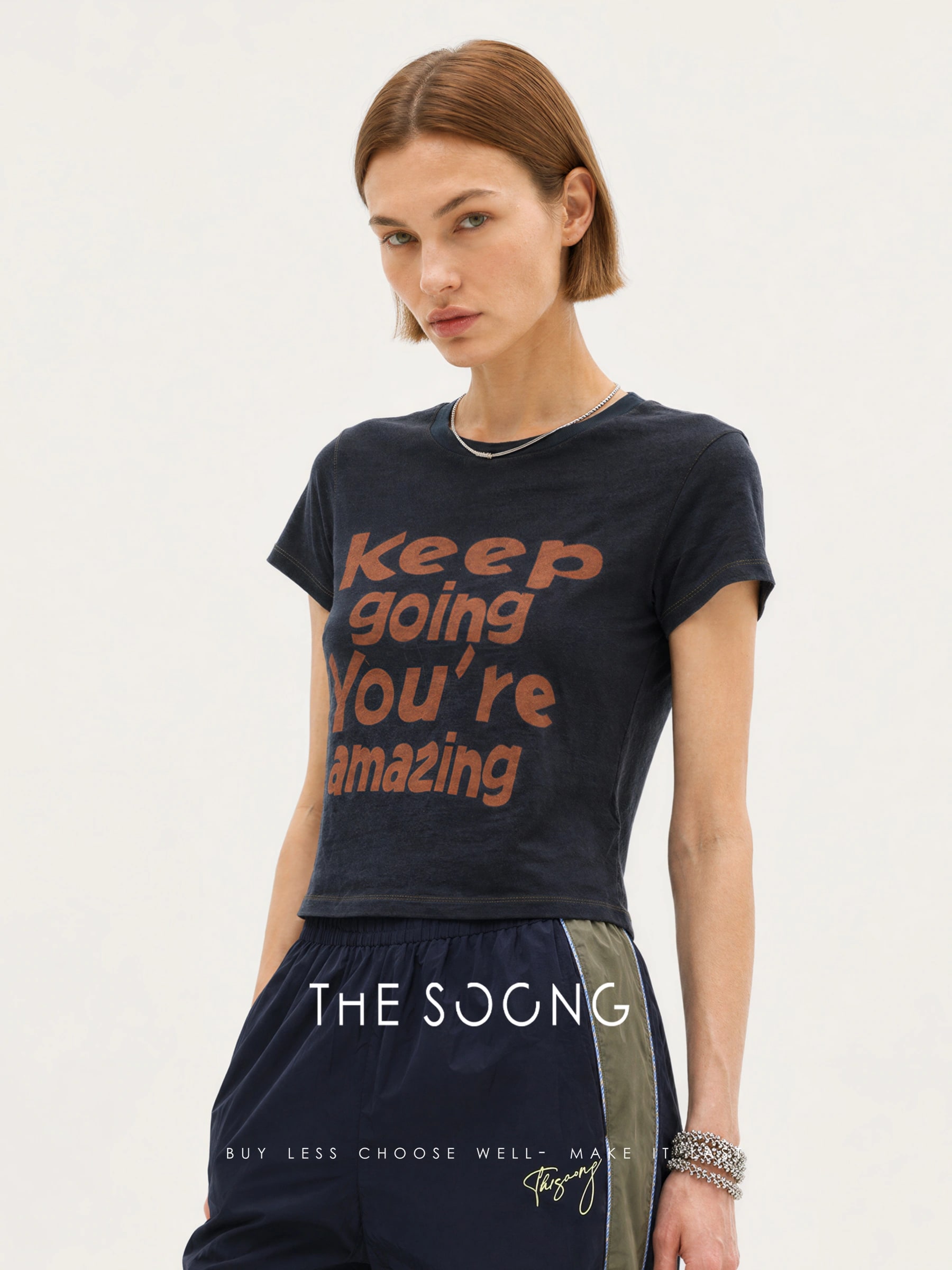 THESOONG Relaxed Cotton-Linen Contrast-Stitch Cropped T-Shirt - 8807 view 8
