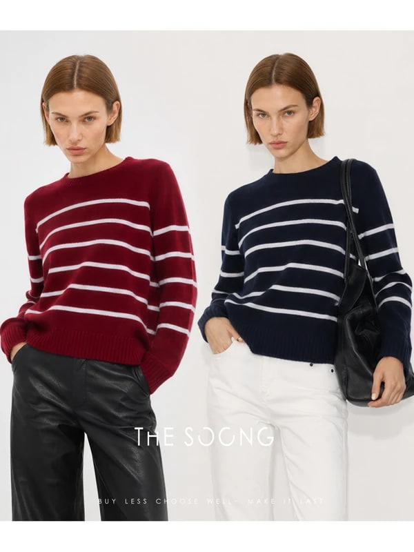 THESOONG 100% Cashmere Soft Striped Crewneck Sweater - 8982 view 2