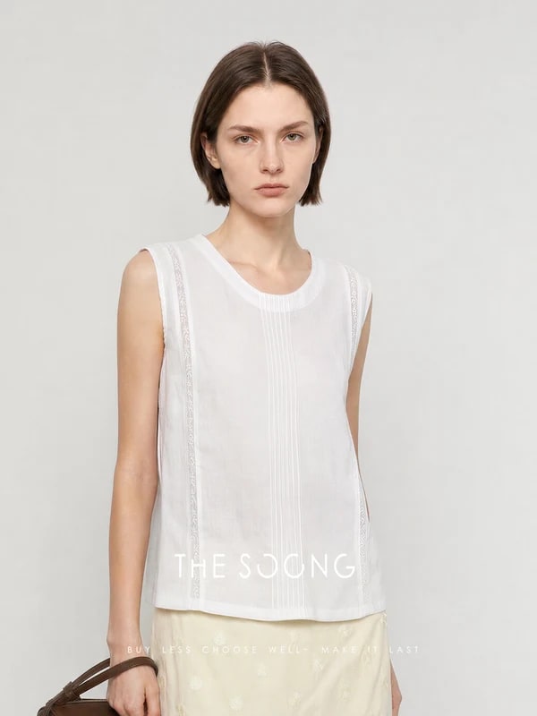 THESOONG Linen Sleeveless Vest Summer Crewneck Relaxed Top -9385 view 4
