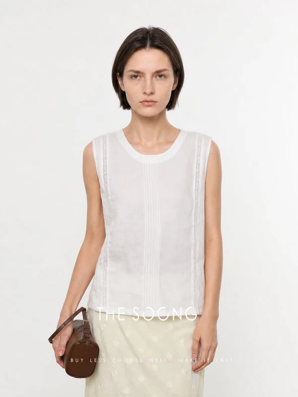 THESOONG Linen Sleeveless Vest Summer Crewneck Relaxed Top -9385 view 3