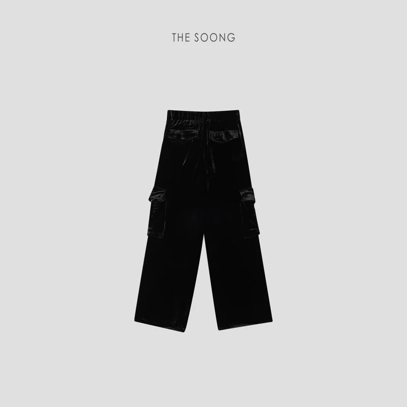 THESOONG 100% Silk Glossy Black Cargo Wide-Leg Pants - 8526 view 4