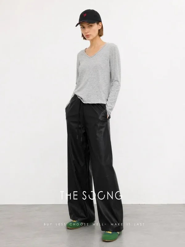 THESOONG 100% Lambskin Textured Drawstring Leather Pants - 9301 view 6