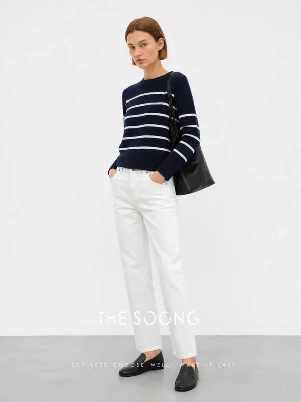 THESOONG 100% Cashmere Soft Striped Crewneck Sweater - 8982 view 4