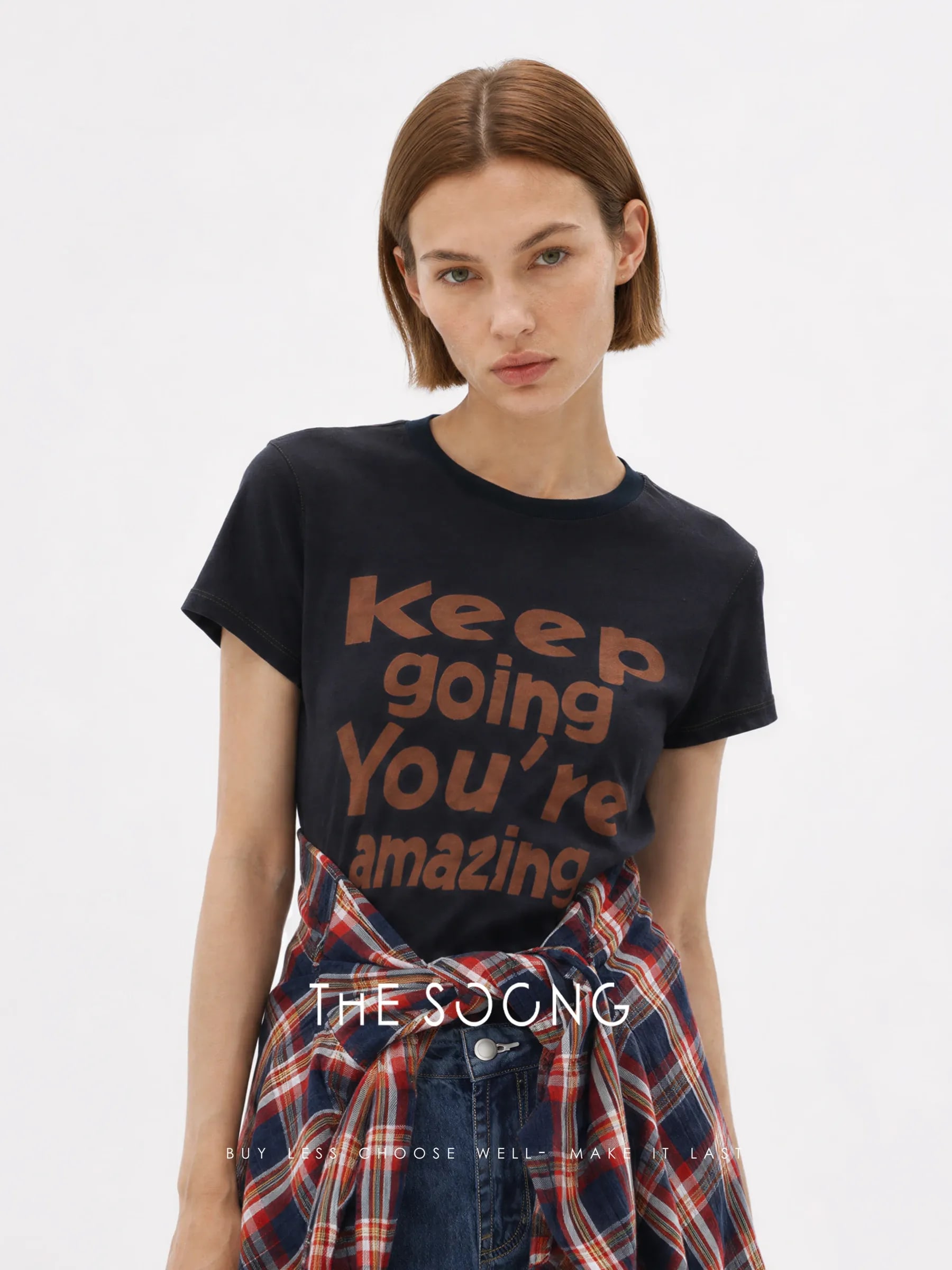 THESOONG Relaxed Cotton-Linen Contrast-Stitch Cropped T-Shirt - 8807 view 2