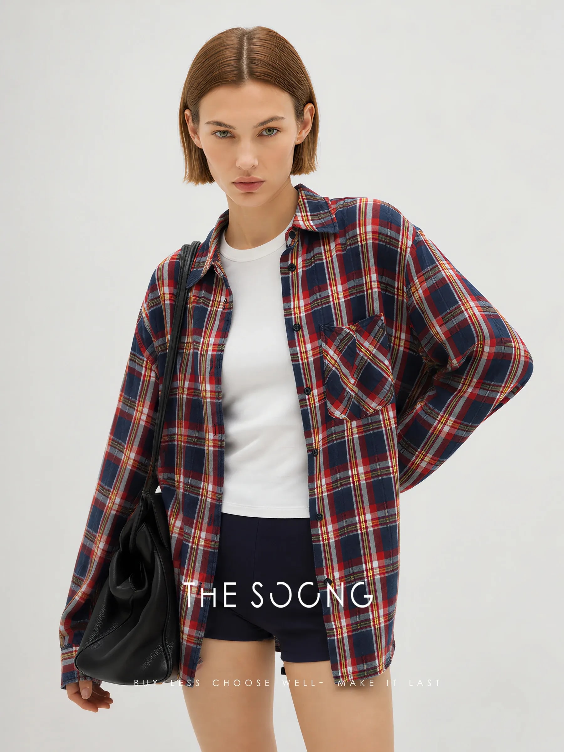 THESOONG Vintage Plaid Salt-Washed Denim Shirt - 7740 alternate view
