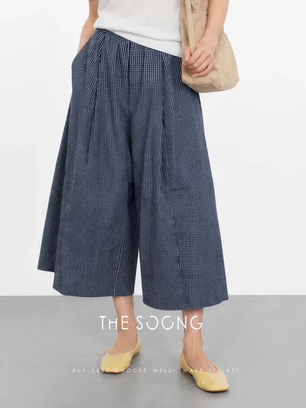 THESOONG Classic 100% Cotton Tailored Check Wide-Leg Pants - 8479 view 4