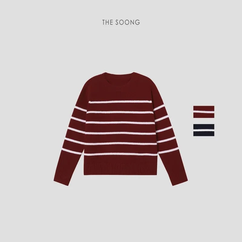 THESOONG 100% Cashmere Soft Striped Crewneck Sweater - 8982 view 1