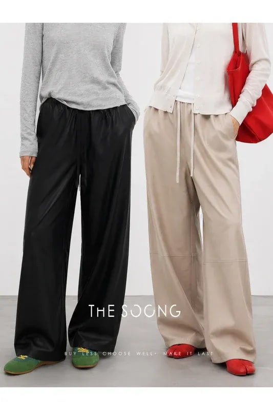 THESOONG 100% Lambskin Textured Drawstring Leather Pants - 9301 view 2