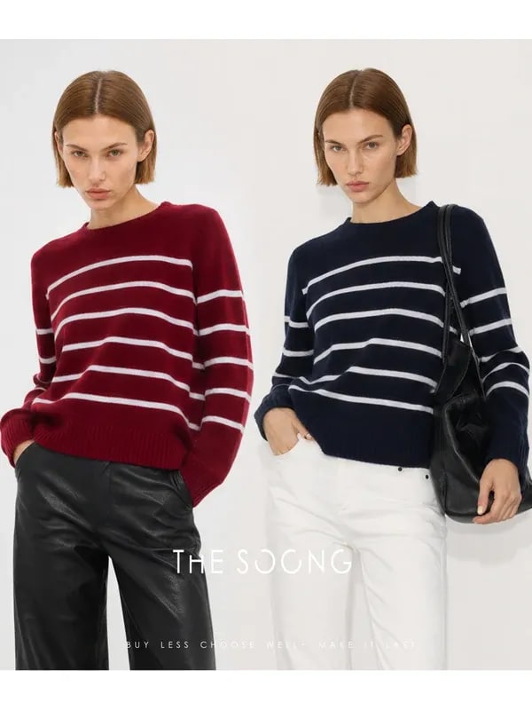 THESOONG 100% Cashmere Soft Striped Crewneck Sweater - 8982 view 2
