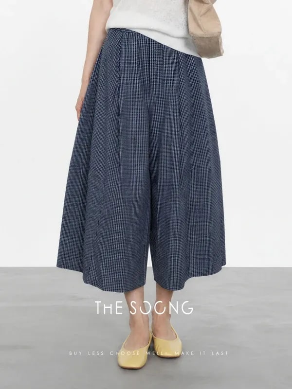 THESOONG Classic 100% Cotton Tailored Check Wide-Leg Pants - 8479 view 3